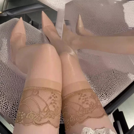 Straps Fashioned Stockings 5 DEN Gr. S-M mit breiter Spitze Elasthan Grau