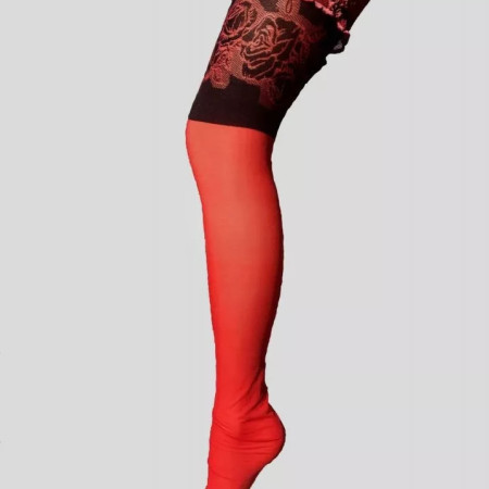 Halterlose Strümpfe, Gr. 3/M 20 DEN, sexy, Rot/Schwarz mit Muster