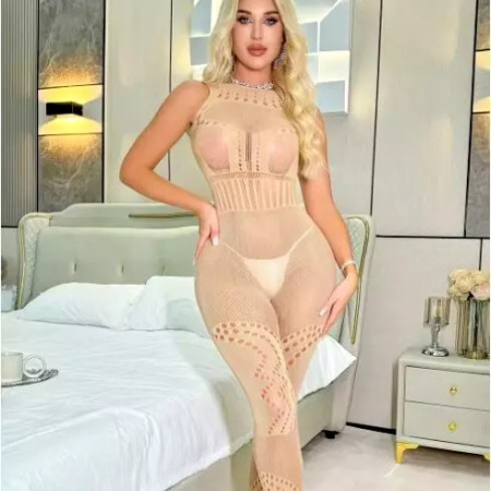 Bodystocking Catsuit Dessous Sexy Erotik Khaki/Haut Nylon 36-42