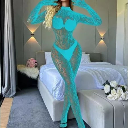 Zentai Sexy Catsuit langarm Nylon Handschuhe S- L Nylon transparent Türkis