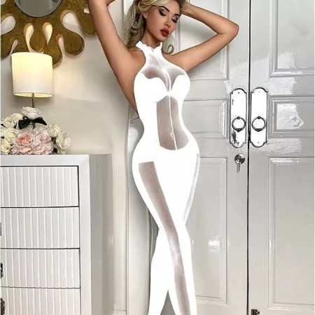 Sexy Bodystocking Straps Catsuit Dessous Sexy Erotik Schritt offen Nylon Grün