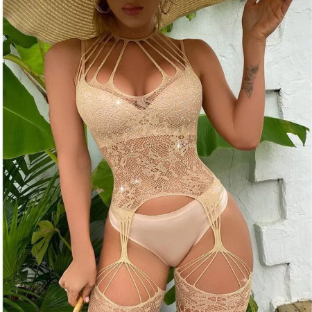 Bodystocking Catsuit Dessous Sexy Erotik Braun/Beige mit Strass Nylon 36-44