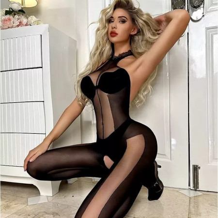 Sexy Bodystocking Straps Catsuit Dessous Sexy Erotik Schritt offen Nylon Rot