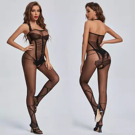 Sexy Bodystocking Straps Catsuit Dessous Sexy Erotik Schritt offen Nylon Ouvert